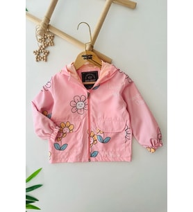 Miniğimin Cicileri Çiçek Baskılı Kız Çocuk Kapüşonlu Yağmurluk - Pembe