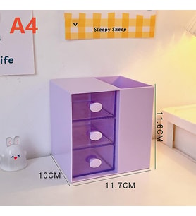 Masaüstü Kalemlik Organizer 7 Bölmeli Kawaii Kapaklı Mini Çekmeceli Kalemlik - Mor