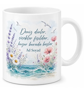 Yalova Deniz ve Çiçek Temalı Kişiye Özel Kupa Bardak Hediye