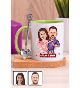 Sevgililere Romantik Hediye Karikatürlü Ahşap Altlıklı Yeşil Kupa Bardak