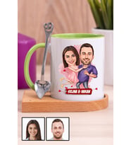 Sevgililere Romantik Hediye Karikatürlü Ahşap Altlıklı Yeşil Kupa Bardak
