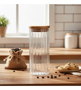 Linie Serisi Bambu Kapaklı Borosilikat Cam Kavanoz - 350 ml Çizgili Vakumlu Baharatlık, Çay ve Kahve Saklama Kabı