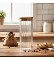 Linie Serisi Bambu Kapaklı Borosilikat Cam Kavanoz - 350 ml Çizgili Vakumlu Baharatlık, Çay ve Kahve Saklama Kabı
