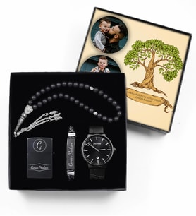 Babalar Gününe Kişiye Özel Kutulu Saat & İsme Özel Bileklik & Zippo Çakmak & Tesbih Hediye Seti (Siyah)