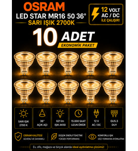 (10 Adet) Ledvance 12V AC/DC 6.1W (50W) 2700K (Sarı Işık) GU5.3 Duylu LED Çanak Ampul