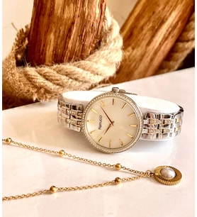 Ferrucci Silver&Gold Çelik Kordon Klasik Şık Kadın Kol Saat+Çelik Kolye Hediyeli (Gümüş - Altın)