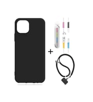 Apple Iphone 12 Kılıf Siyah Silikon+kablo Koruyucu+boyun Askısı