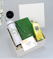 Kişiye Özel 500 ML Tasarım Beyaz Termos & Gümüş Renk Detaylı Yeşil Tükenmez Kalem & Yeşil Defter & Eyüp Sabri Tuncer Klasik Limon Kolonyası Hediye Seti