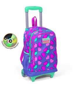Coral High Kids Lavanta Pembe Kalp Desenli Üç Bölmeli Işıklı Tekerlekli Çekçekli Okul Sırt Çantası 23359
