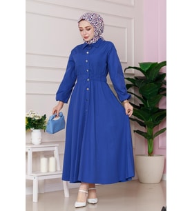 Beli Lastik Detaylı Yasemin Elbise-Saks Mavi (SAKS MAVI)