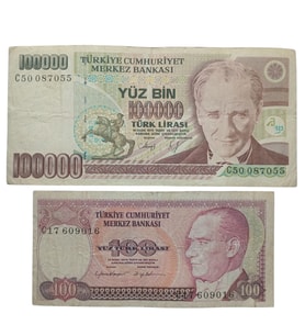 7. Emisyon 100.000 ve 100 Türk Lirası . Cumhuriyet Dönemi Koleksiyon Kağıt Para. Haliyle.