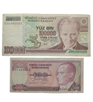 7. Emisyon 100.000 ve 100 Türk Lirası . Cumhuriyet Dönemi Koleksiyon Kağıt Para. Haliyle.