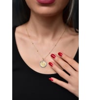925 Ayar Gümüş Gold Kaplama Top Zincirli Pembe Taşlı Bebek Ayak Izi Plaka Kolye