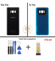 Samsung Galaxy S8 Siyah Renk Arka Kapak + Tamir Seti + B7000 Yapıştırıcı Arka Cam Batarya Kapağı Pil Kapağı Lazer Kesim Back Cover Galaxy S8 Uyumlu
