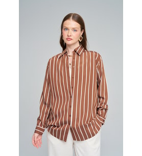 Kadın Çizgili Kahverengi Modern Oversize Gömlek