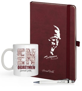 Kişiye Özel UV Baskılı Öğretmenler Günü Temalı Atatürk Siluletli  Defter & Beyaz  Kalem ve En İyi Öğretmen  Kupa Seti