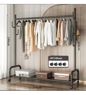 Metal Siyah Portmanto Konfeksiyon Askısı Ayaklı Askılık Elbise Askılığı Tekerlekli 154*150 Cm 6014