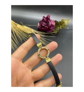 22 Ayar Altın Kaplama Siyah Bilek Detay Lacivert Zirkon Taşlı Bileklik - Hediyelik Bileklik