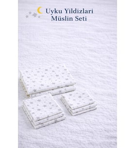 More Home % 100 Pamuk Müslin Örtü, Bebek Battaniyesi 5 Parça Set Yıldızlı Gri Beyaz