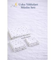More Home % 100 Pamuk Müslin Örtü, Bebek Battaniyesi 5 Parça Set Yıldızlı Gri Beyaz