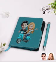 BK Gift Kişiye Özel Sevgililer Karikatürlü Turkuaz Termo Deri Defter Kalem Seti-99