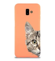 Samsung Galaxy J6 Plus Uyumlu Lansman Kılıf Catface Tasarımlı İçi Kadife Kapak-Turuncu (Şeffaf)