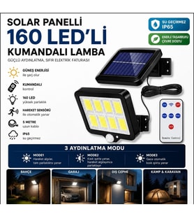 160 LED Solar Bahçe Aydınlatması, 6&amp;apos;lı Güneş Panelli LED Lamba, 5 Metre Kablolu ve Kumandalı (5343)