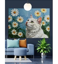 Papatyalar Ve Kedi Figürü Dekoratif Kanvas - Mdf Ahşap Tablo