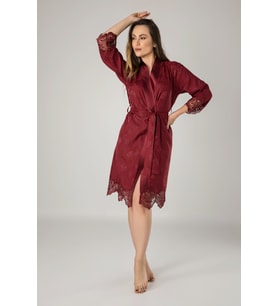 Kimono Siyah Saten Bayan Sabahlık  (Bordo)
