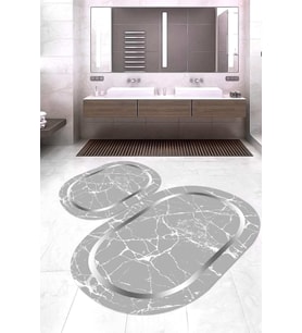 Dijital Baskılı Kaymaz Taban Yıkanabilir Oval 2'li Klozet Takımı Banyo Paspası NOKZ-SD-576 (Gri)