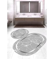 Dijital Baskılı Kaymaz Taban Yıkanabilir Oval 2'li Klozet Takımı Banyo Paspası NOKZ-SD-576 (Gri)