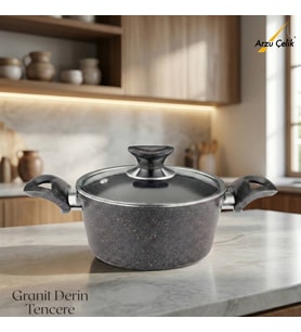 ARZU ÇELİK 20 Cm Granit Derin Tencere Cam Kapak - Siyah