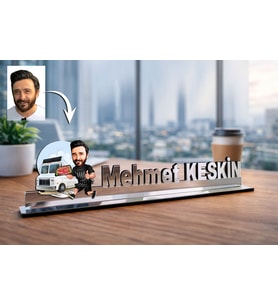 Kişiye Özel Kasap Karikatürlü 30 cm Ayna Pleksi Masaüstü İsimlik - Kasap Hediyesi İş Arkadaşına ve Meslek Sahibine Hediye