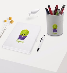 BK Gift Kişiye Özel Kaktüs Tasarımlı Beyaz Defter Kalem ve Kalemlik Hediye Seti - Model 10