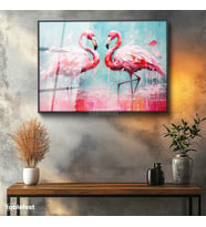 Siyah Renk Metal Çerçeveli Tamperli Cam Tablo Yağlı Boya Dokulu Sanatsal Flamingo Tablosu Duvar Dekoru