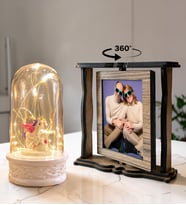 Kişiye Özel 2 Fotoğraflı Dönen Ahşap Çerçeve ve LED Işıklı Unicornlu Fanus Hediye Seti