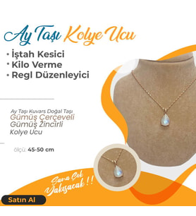Ay Taşı Doğaltaş Kolye Ucu, Gümüş zincirle birlikte 2x1,5 cm, M470