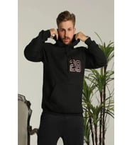 Erkek Oversize Üç İplik Kapüşonlu Sweatshirt –Sırt Ve Ön Baskılı, Kanguru Cepli, Rahat Kalıp Maskot Desenli Model - Siyah