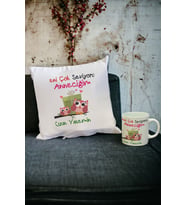 Anneler Günü Hediyesi Kupa Bardak ve Yastık Set 011 (Beyaz)