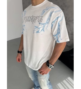 Erkek Bisiklet Yaka Tişört Yıldırım Şimşek Baskılı Kısa Kol T-Shirt - Beyaz