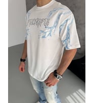 Erkek Bisiklet Yaka Tişört Yıldırım Şimşek Baskılı Kısa Kol T-Shirt - Beyaz