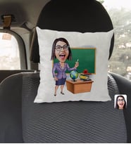 BK Gift Kişiye Özel Kadın Öğretmen Karikatürlü Kare Araç Koltuk Yastığı-1
