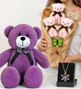 Kişiye Özel Pembe Ayıcık Buketi, Gerçek Ametist Taşlı Lotus Kolye ve 50 cm Mor Peluş Ayıcık Hediye Seti