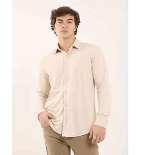 Bej Erkek Slim Fit Düz Klasik Yaka Uzun Kol Gömlek