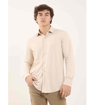 Bej Erkek Slim Fit Düz Klasik Yaka Uzun Kol Gömlek