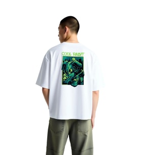 Erkek Oversize Tişört %100 Pamuk Crew Neck Kısa Kol Karikatür Tavşan Baskılı Rahat Kesim Günlük