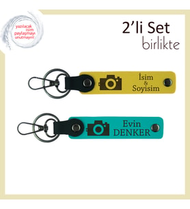 Anılara Değer Katan Hediye, Kamera Motifli, Kişisel 2’li Anahtarlık Seti, Sarı-Koyu Turkuaz
