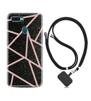 Oppo A5S A15 A16 A54 A55 A73 A74 Kılıf Boyun Askılı Silikon Pembe Şeritli Mermer 1312