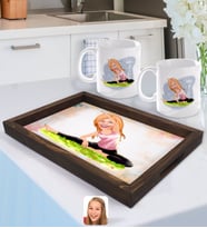 BK Gift Kişiye Özel Kadın Yoga Karikatürlü Doğal Ahşap Tepsi ve 2’li Kupa Bardak Seti-1