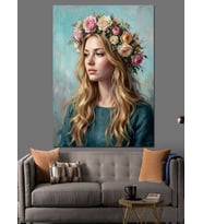 Çiçek Taçlı Güzel Kadın Portresi Dekoratif Kanvas - Mdf Ahşap Tablo